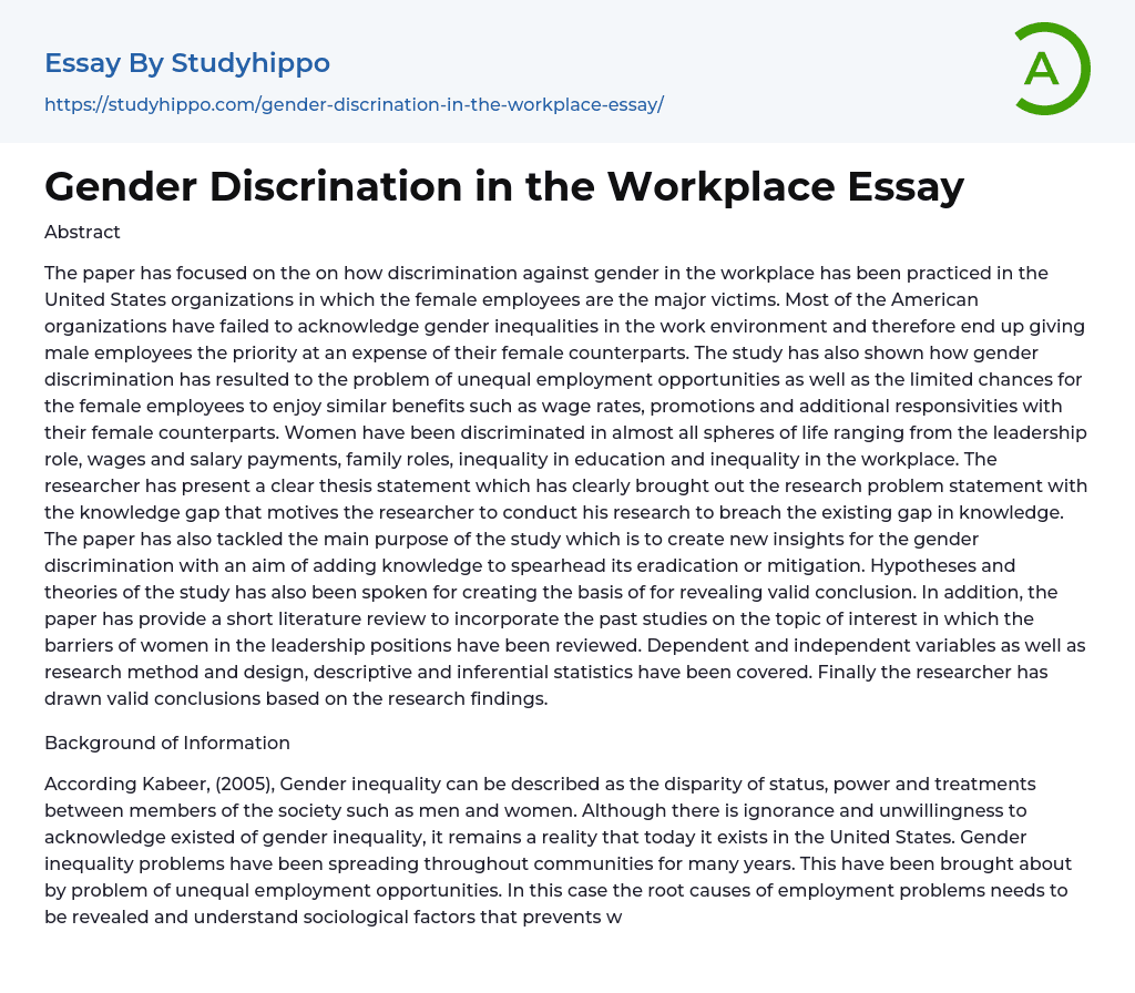 Gender Discrination in the Workplace Essay
