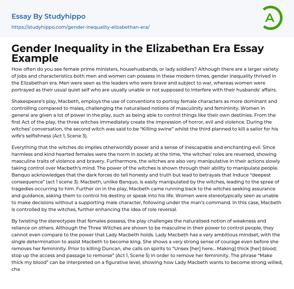 Gender Inequality in the Elizabethan Era Essay Example