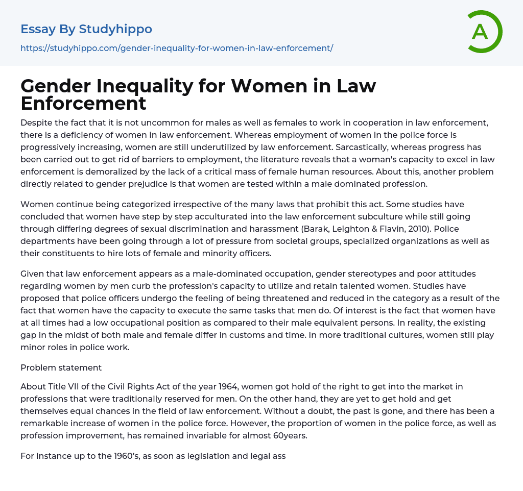 Gender Inequality for Women in Law Enforcement Essay Example
