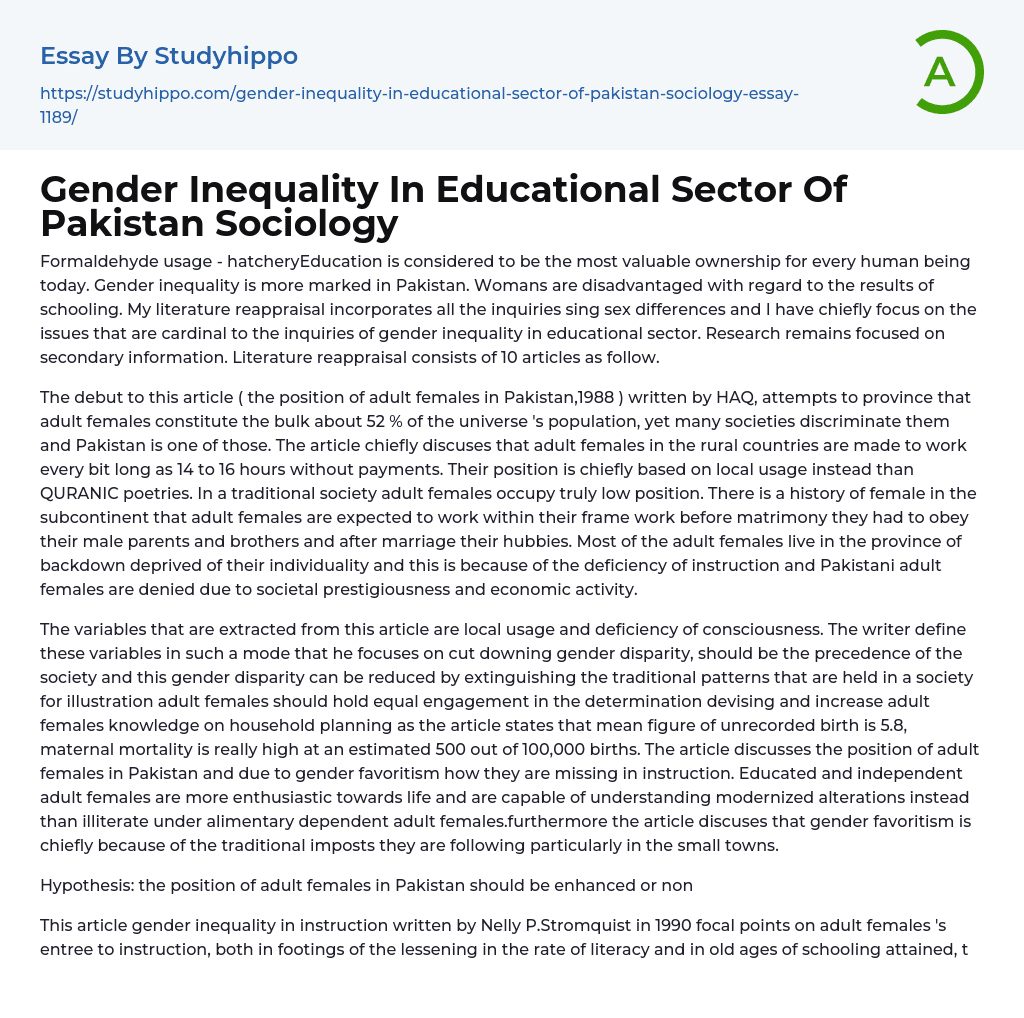 Gender Inequality In Educational Sector Of Pakistan Sociology