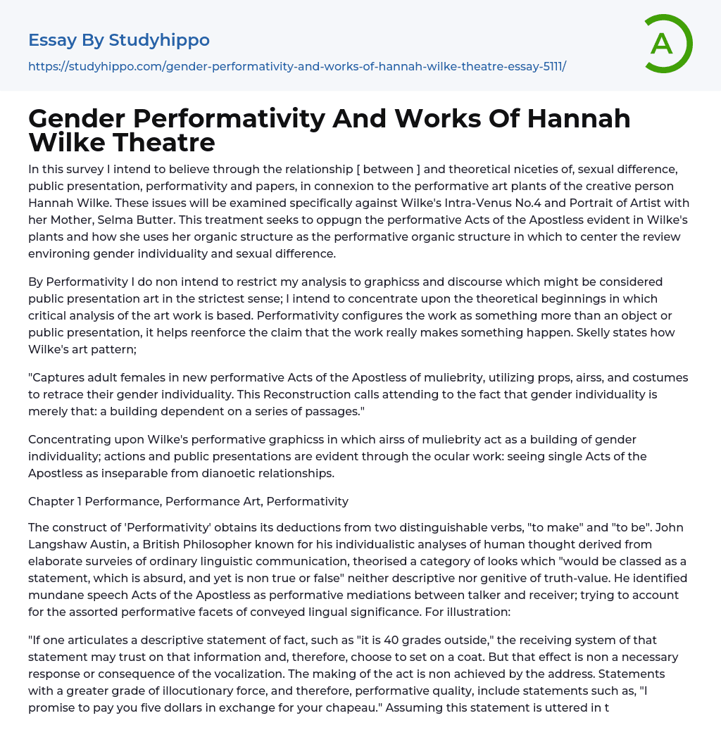 Gender Performativity And Works Of Hannah Wilke Theatre Essay Example