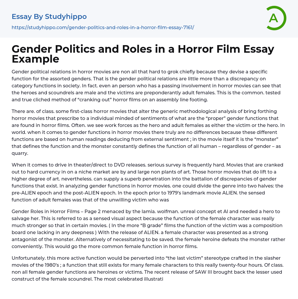 Gender Politics and Roles in a Horror Film Essay Example