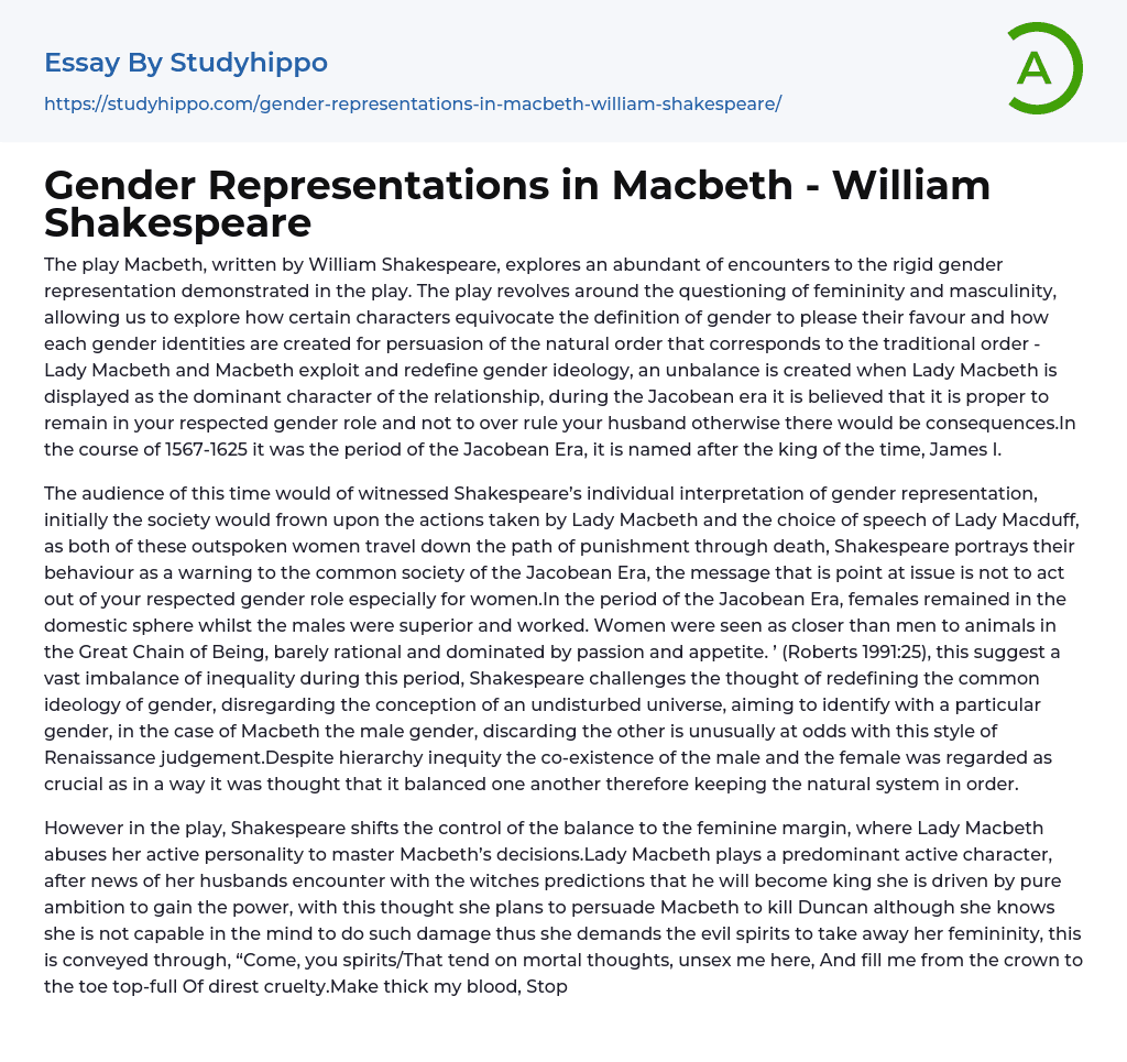 Gender Representations in Macbeth – William Shakespeare Essay Example