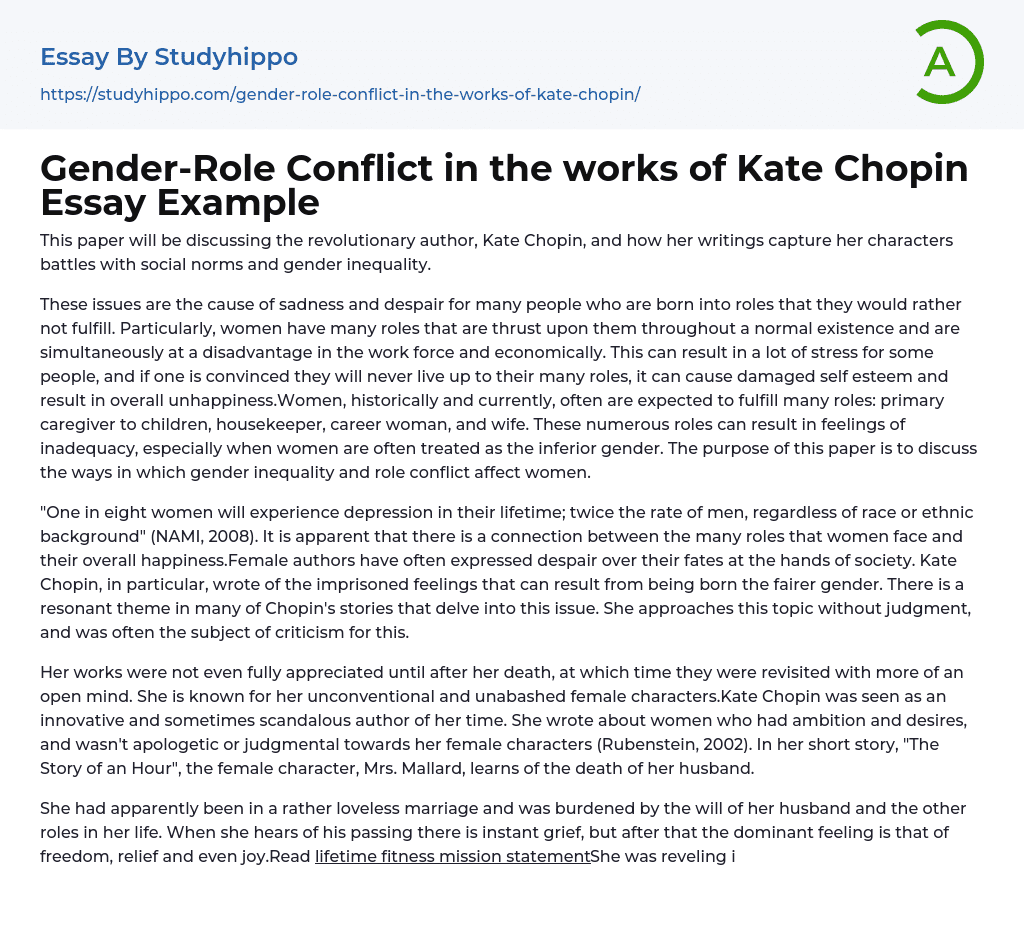 Gender-Role Conflict in the works of Kate Chopin Essay Example