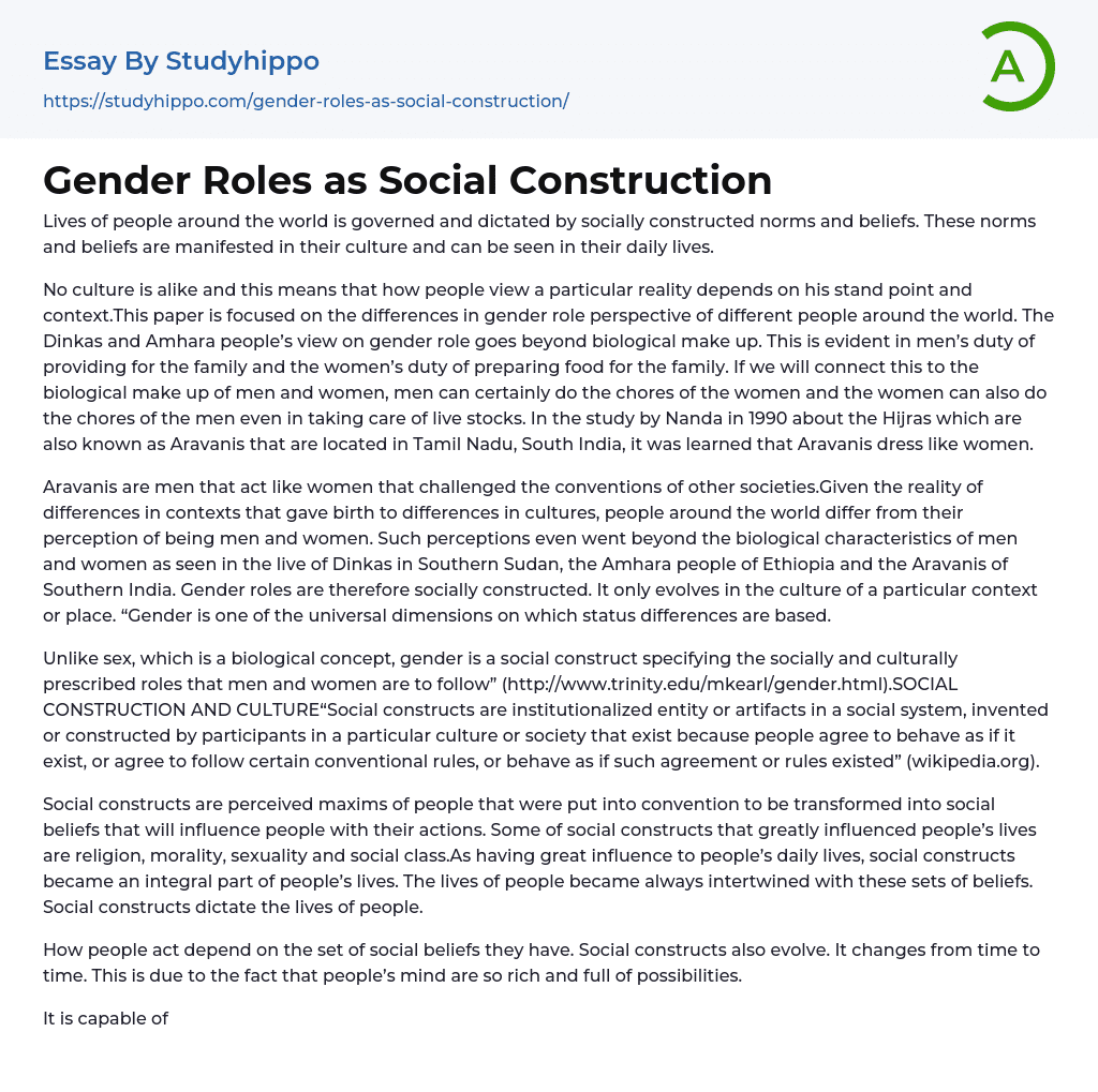 Gender Roles as Social Construction Essay Example