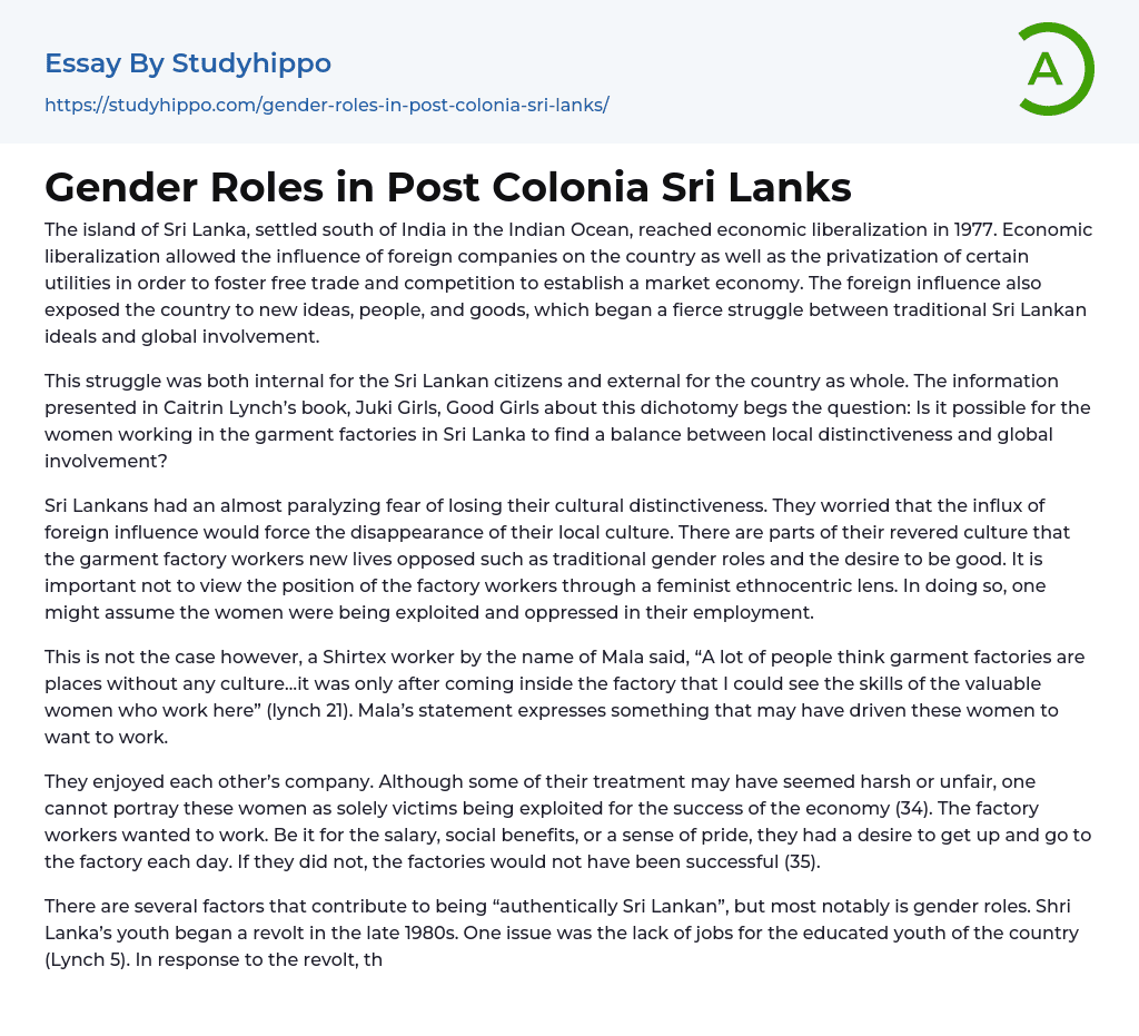 Gender Roles in Post Colonia Sri Lanks Essay Example