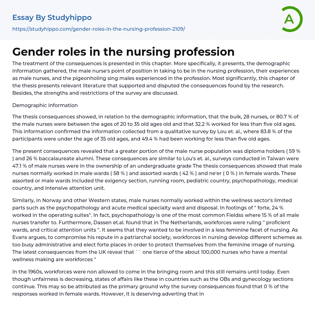 Gender roles in the nursing profession Essay Example