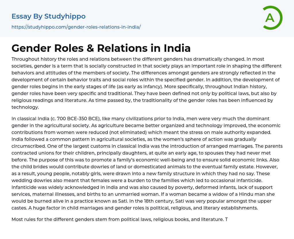 Gender Roles & Relations in India Essay Example