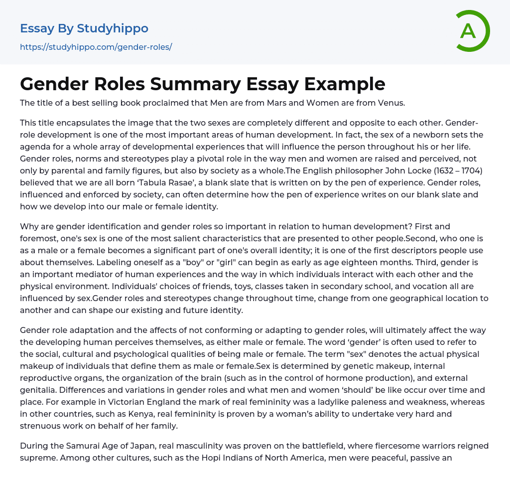 Gender Roles Summary Essay Example