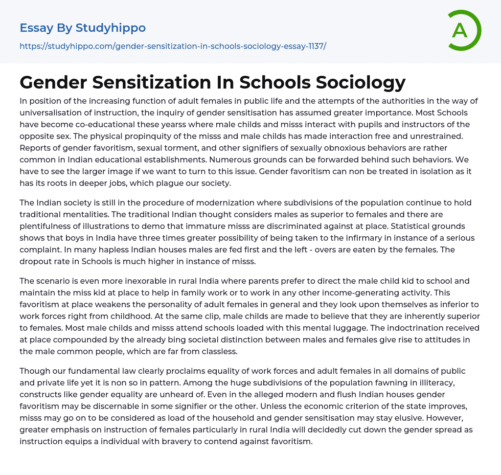 Gender Sensitization In Schools Sociology Essay Example
