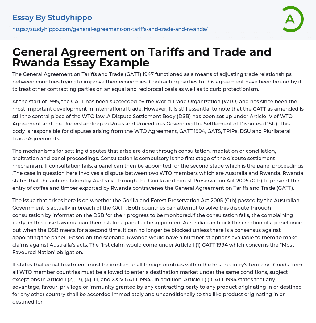 General Agreement on Tariffs and Trade and Rwanda Essay Example
