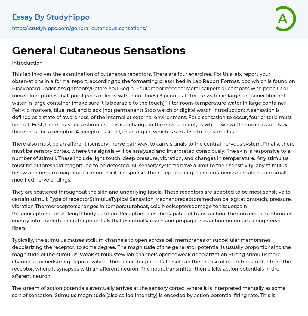 General Cutaneous Sensations Essay Example
