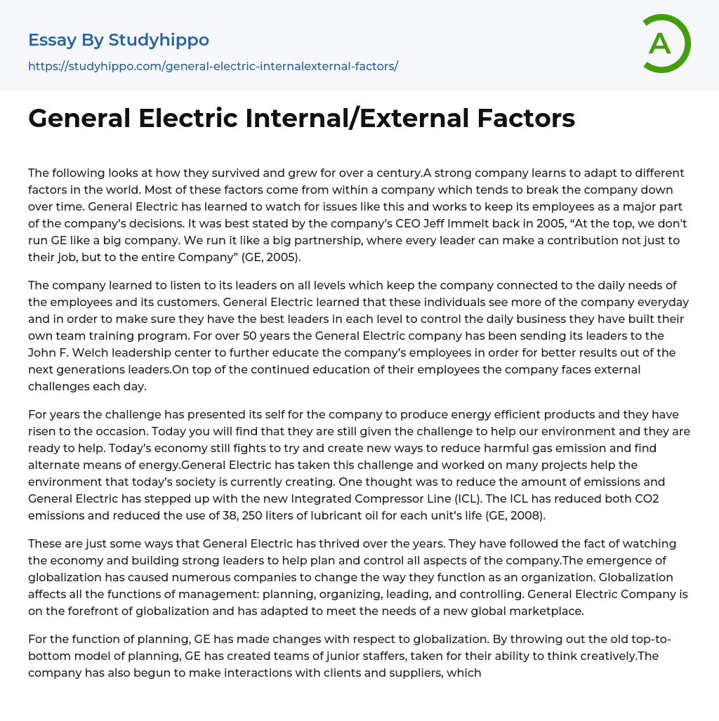 General Electric Internal/External Factors Essay Example