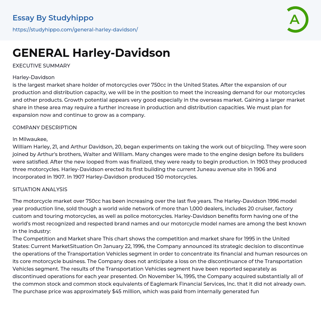 GENERAL Harley-Davidson Essay Example