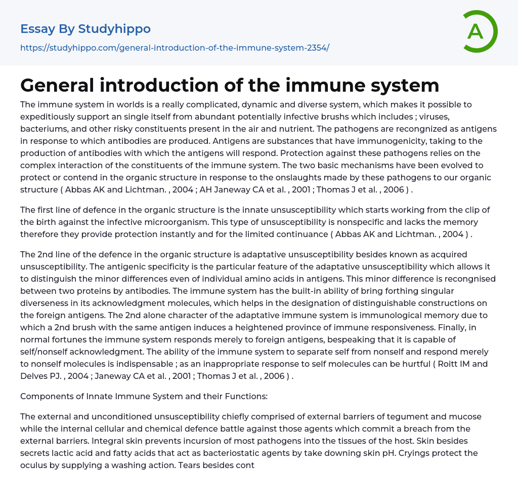 General introduction of the immune system Essay Example