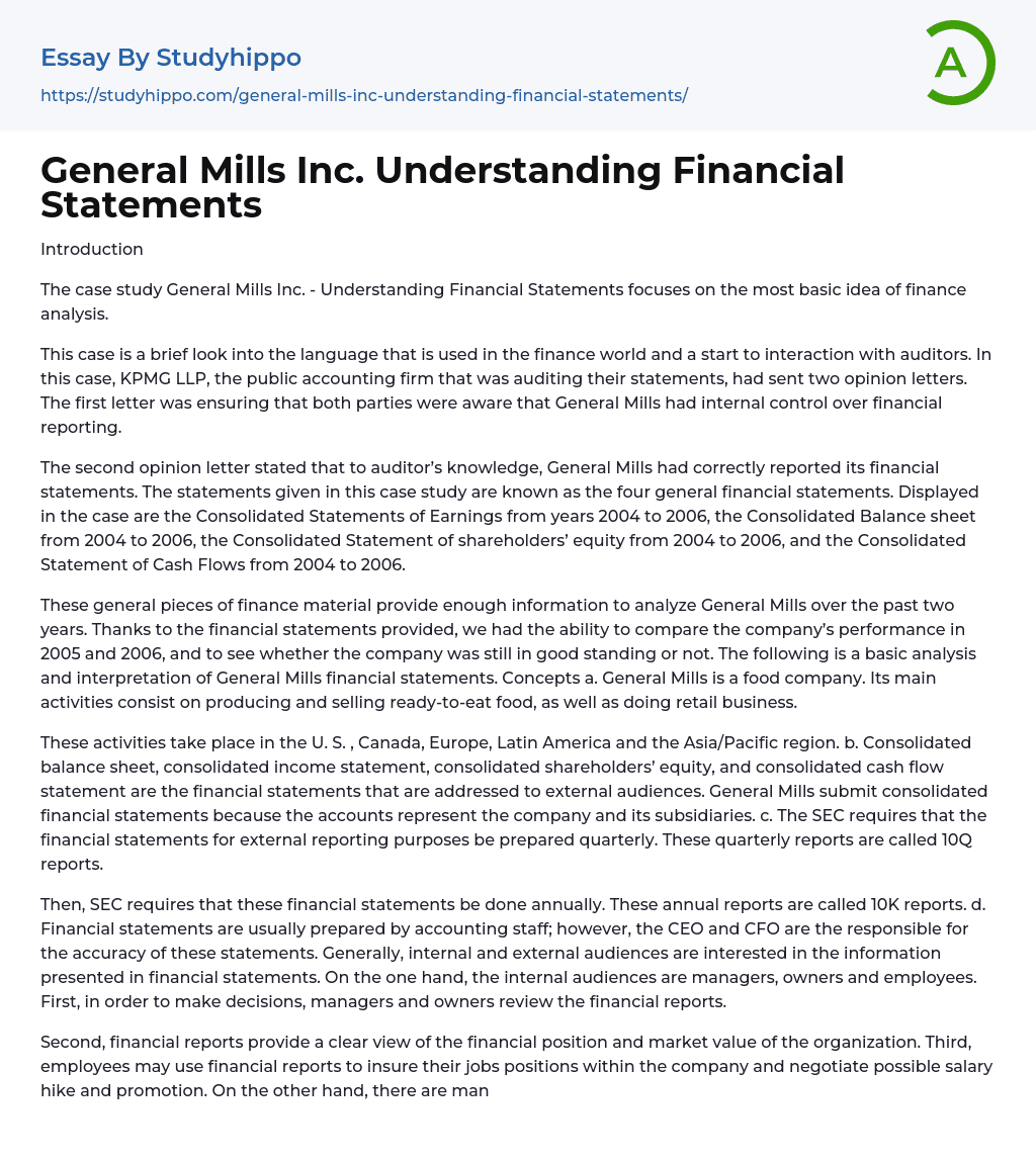 General Mills Inc. Understanding Financial Statements Essay Example