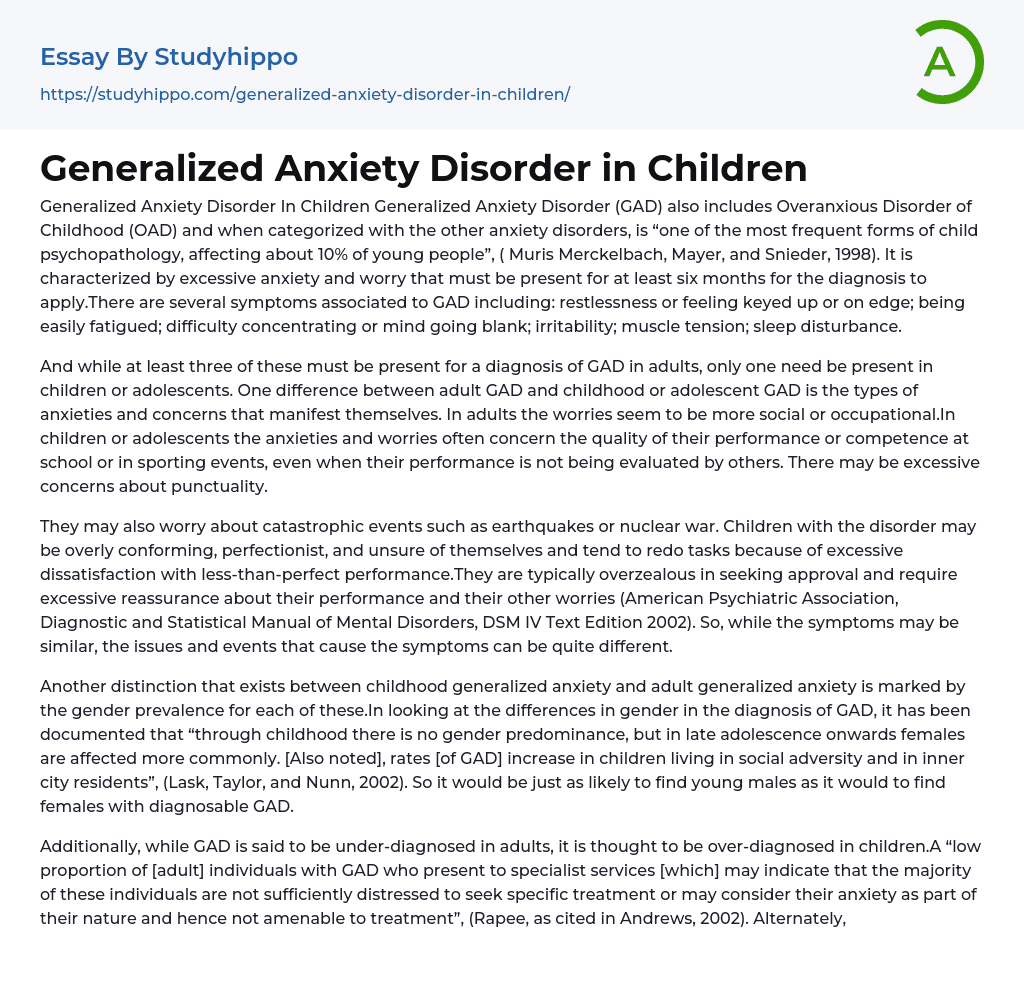 Generalized Anxiety Disorder in Children Essay Example