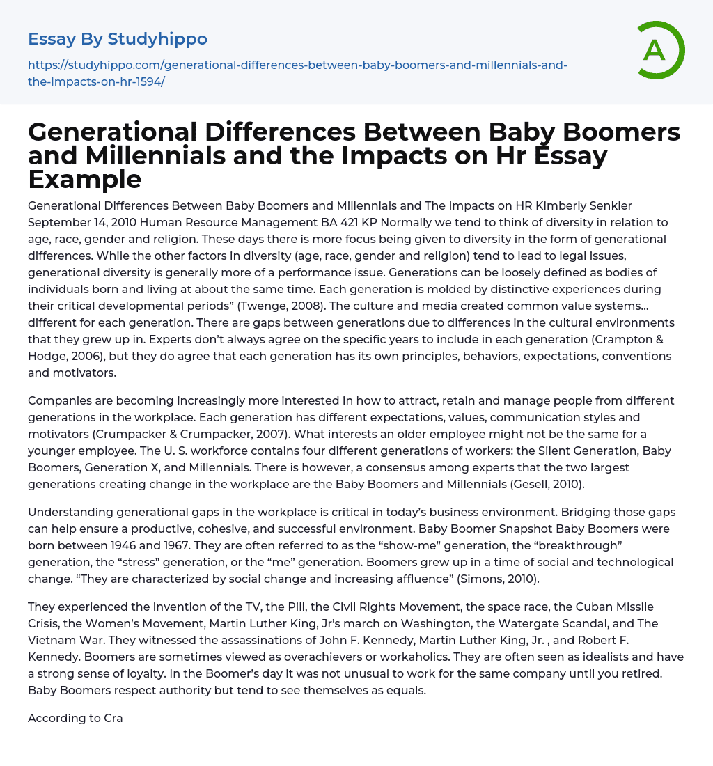Generational Differences Between Baby Boomers and Millennials and the Impacts on Hr Essay Example