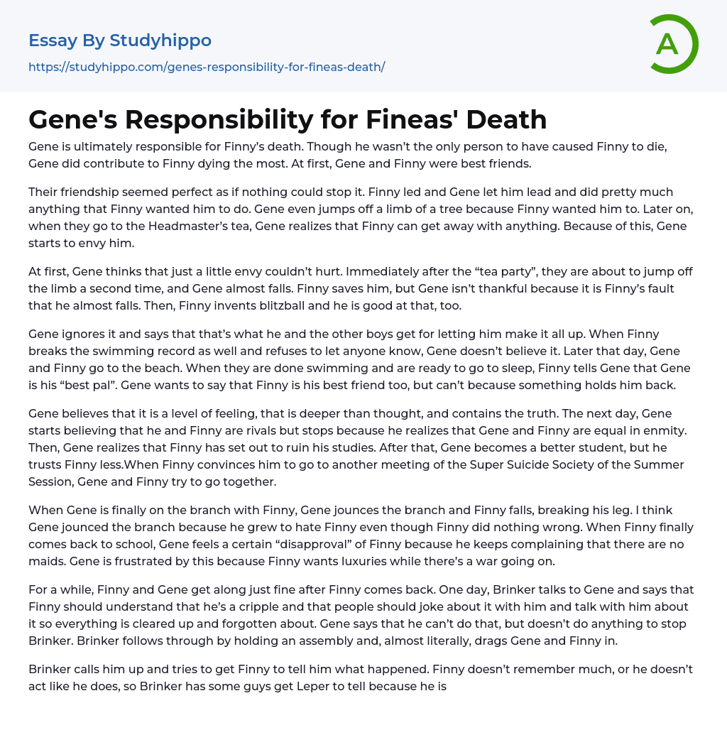 Gene’s Responsibility for Fineas’ Death Essay Example