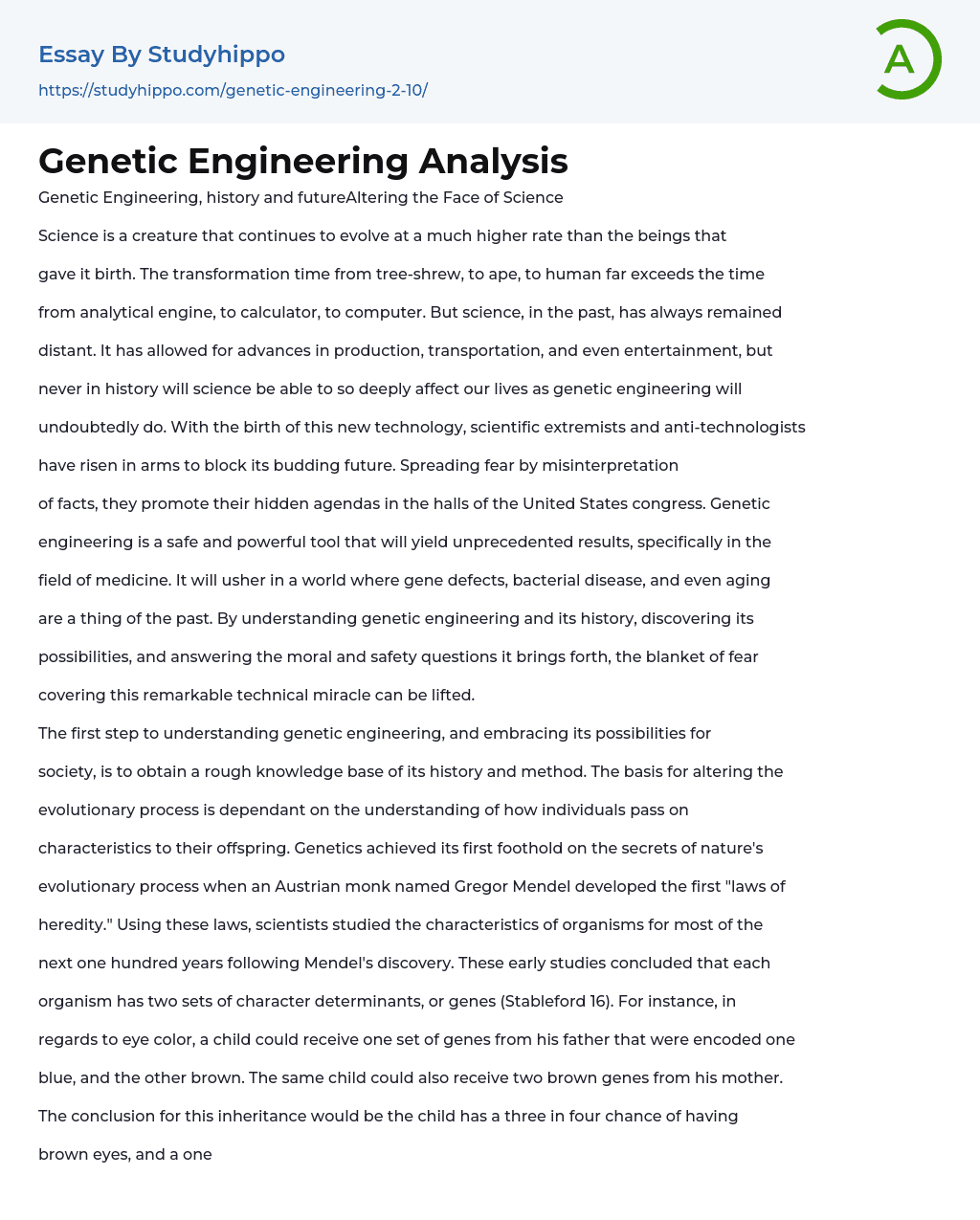 Genetic Engineering Analysis Essay Example