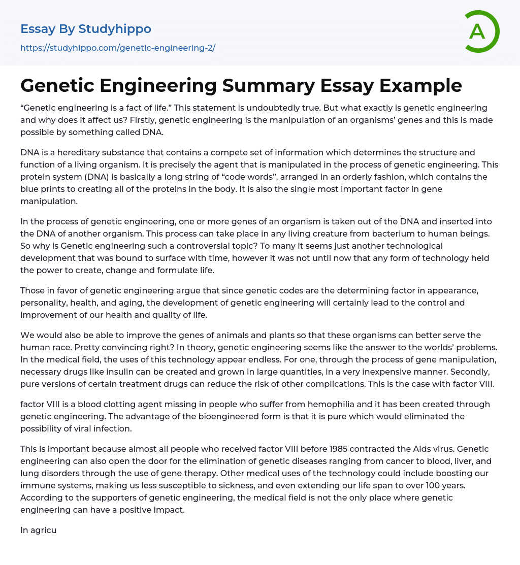 Genetic Engineering Summary Essay Example