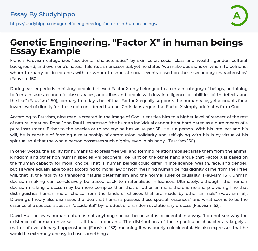 Genetic Engineering. “Factor X” in human beings Essay Example