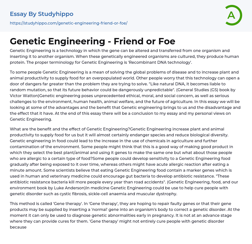 Genetic Engineering – Friend or Foe Essay Example