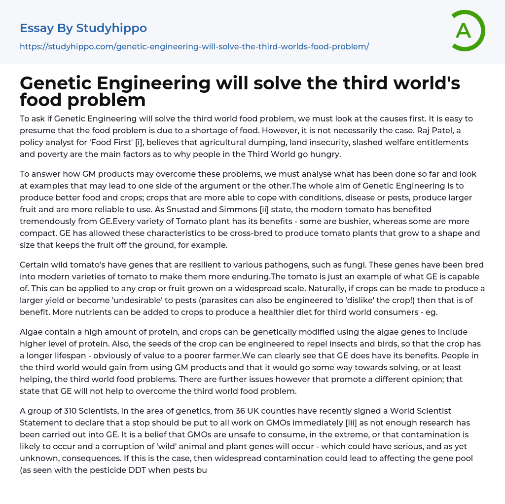 Genetic Engineering will solve the third world’s food problem Essay Example