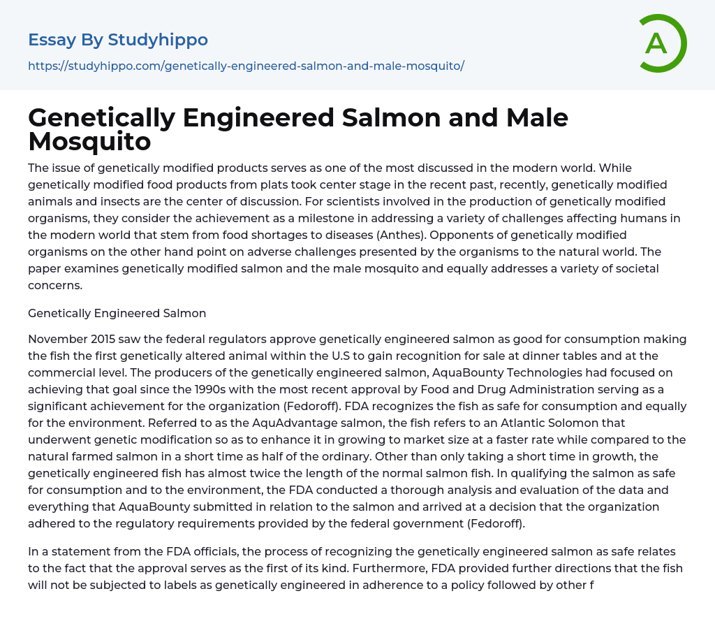 Genetically Engineered Salmon and Male Mosquito Essay Example