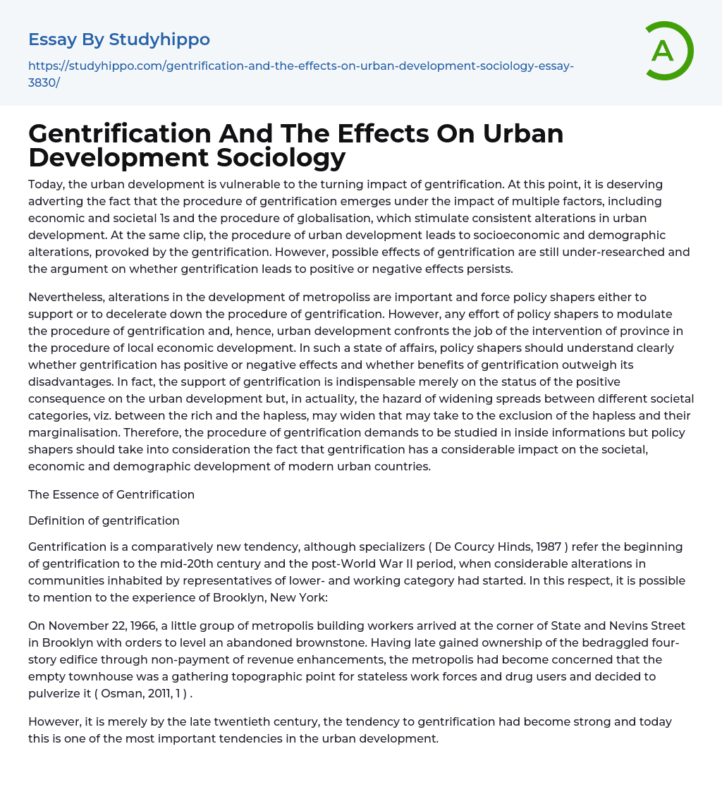 Gentrification And The Effects On Urban Development Sociology Essay Example