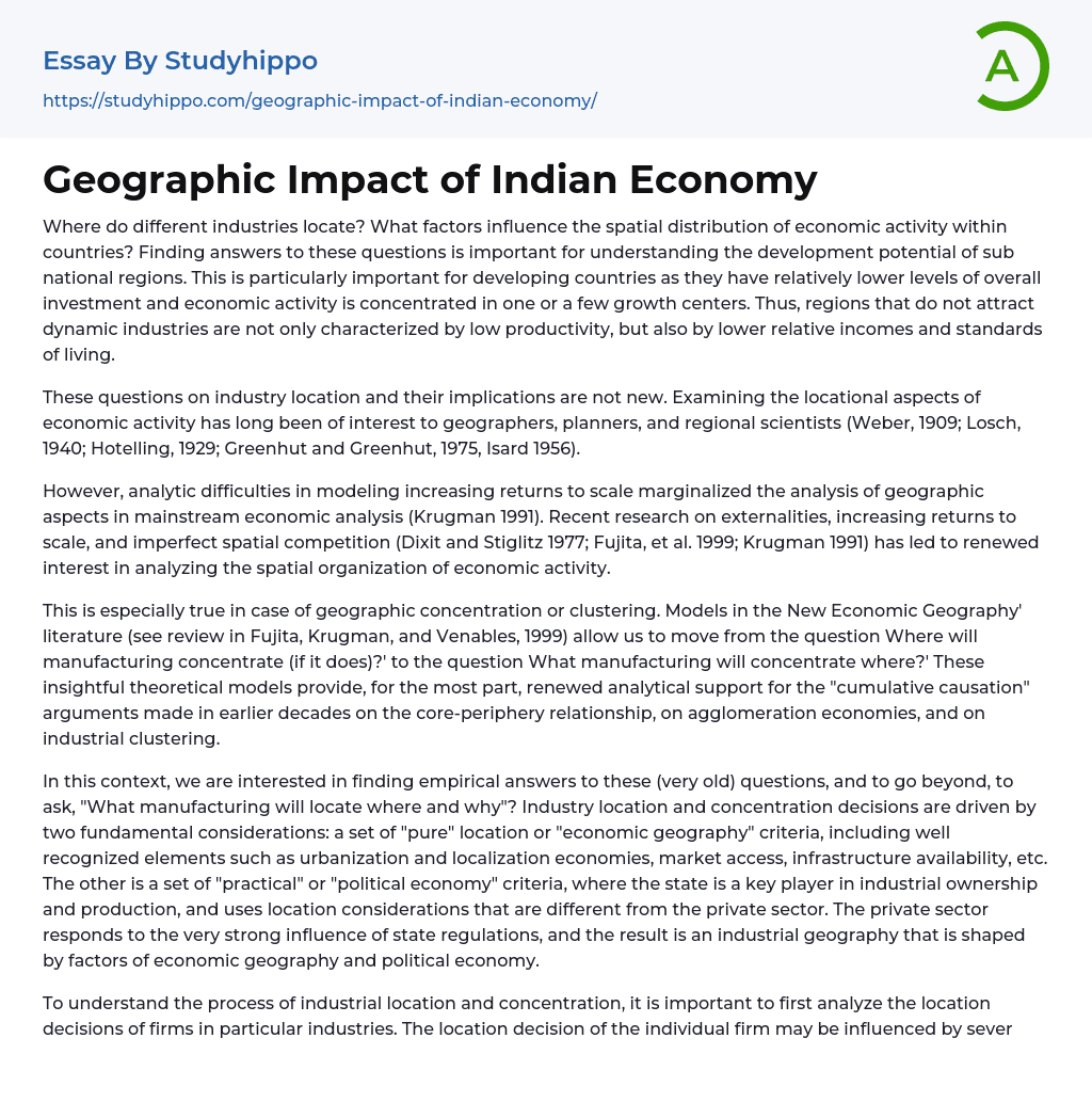 Geographic Impact of Indian Economy Essay Example