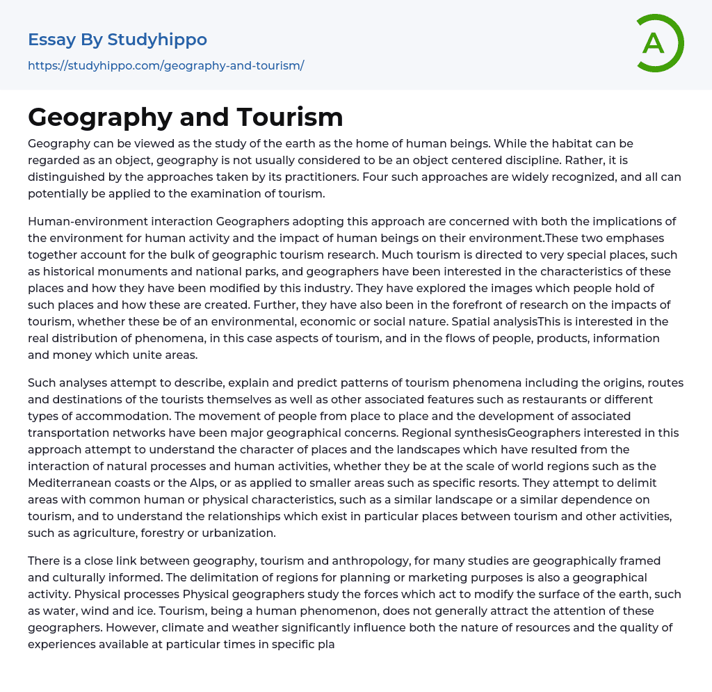 Geography and Tourism Essay Example