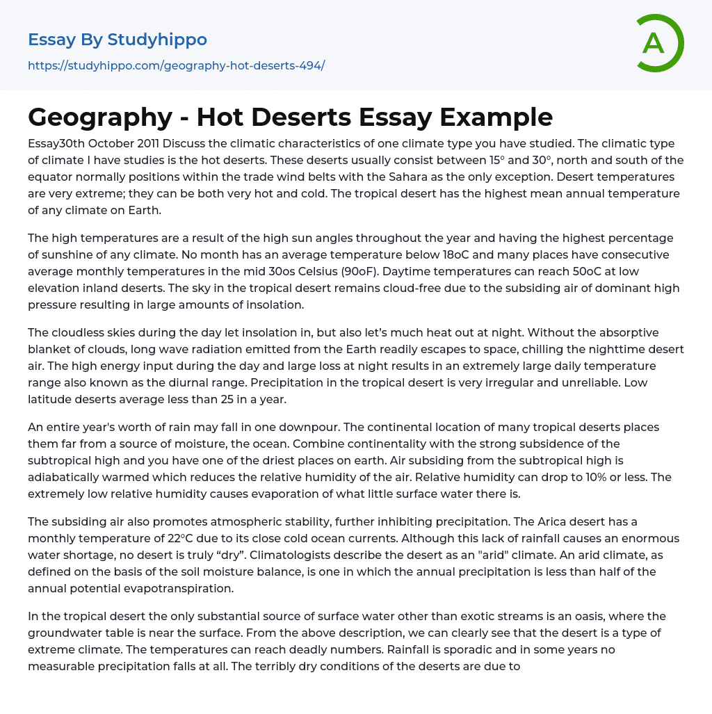 Geography – Hot Deserts Essay Example