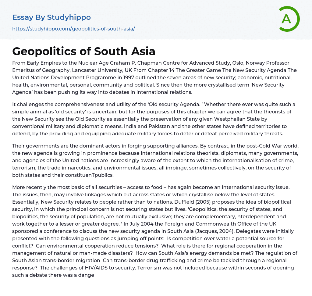 Geopolitics of South Asia Essay Example