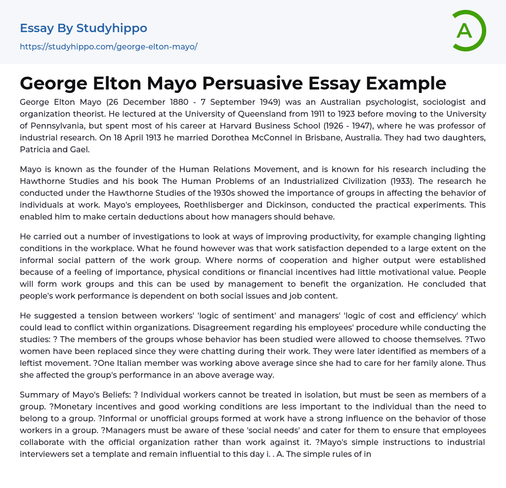 George Elton Mayo Persuasive Essay Example