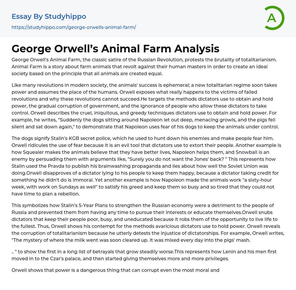 George Orwell’s Animal Farm Analysis Essay Example