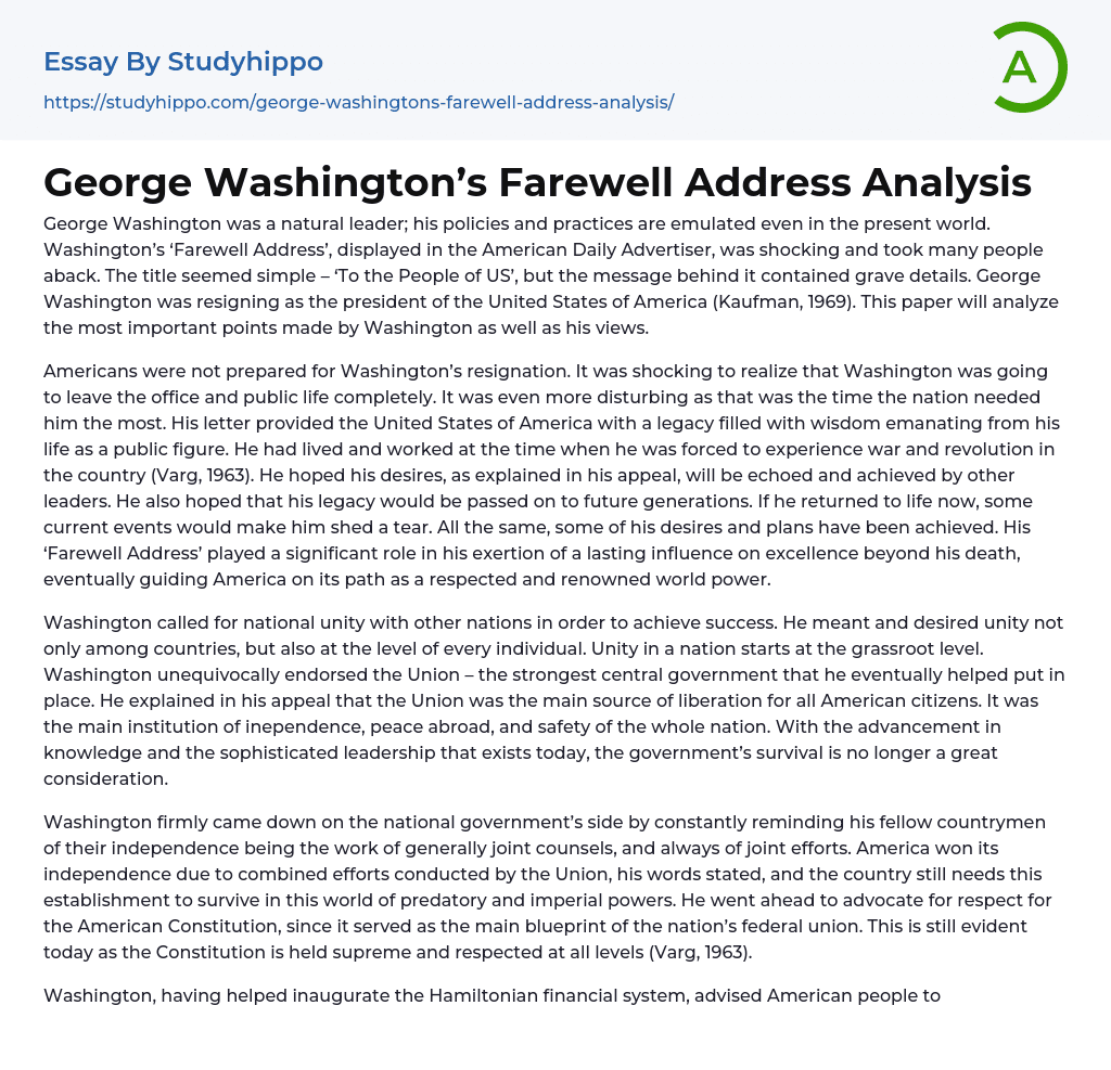 George Washington’s Farewell Address Analysis Essay Example