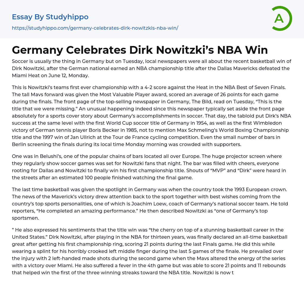 Germany Celebrates Dirk Nowitzki’s NBA Win Essay Example