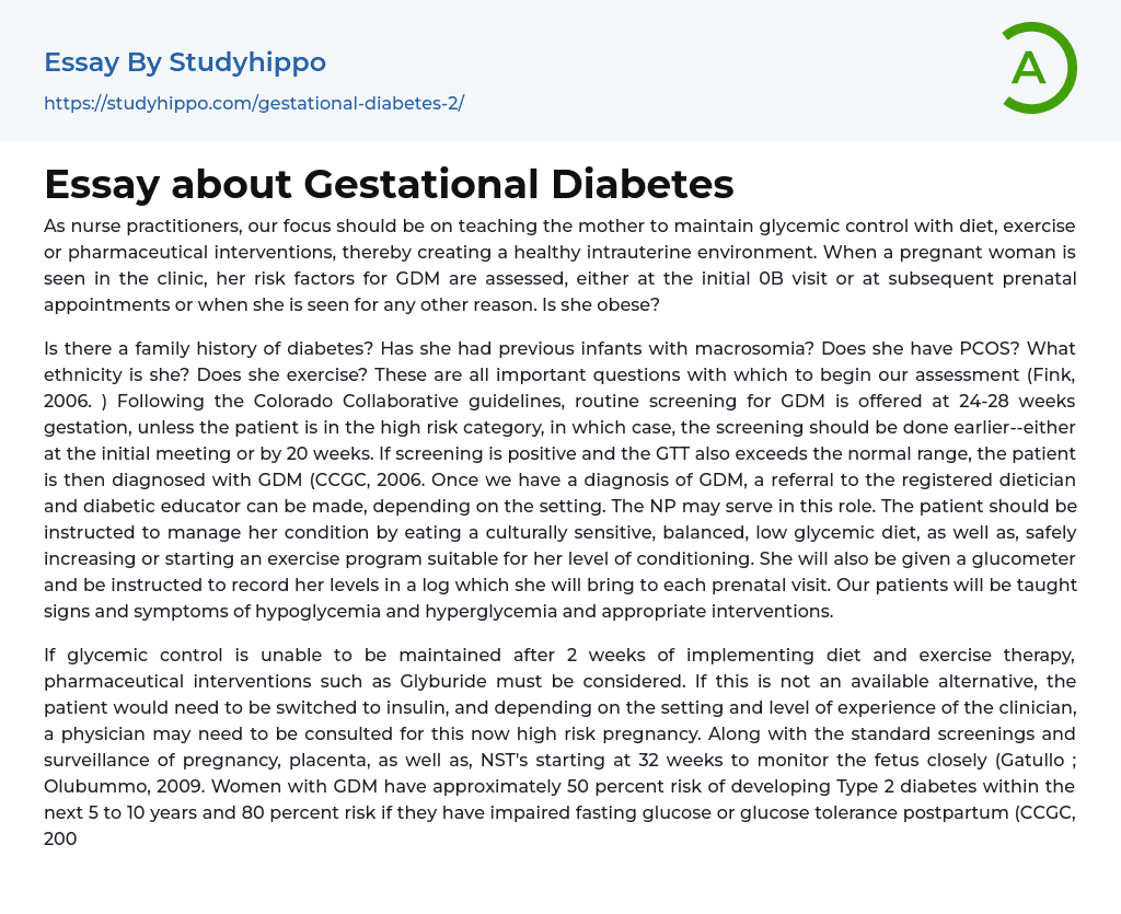 Essay about Gestational Diabetes