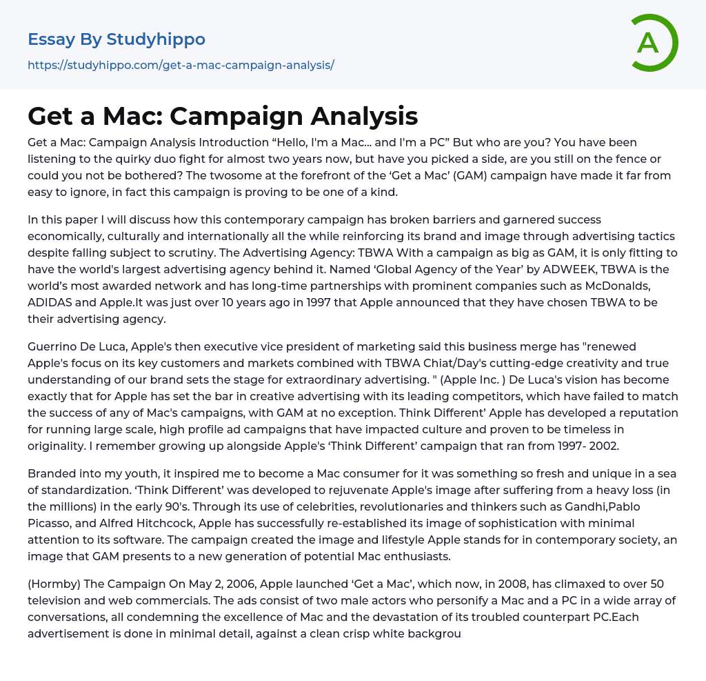 Get a Mac: Campaign Analysis Essay Example