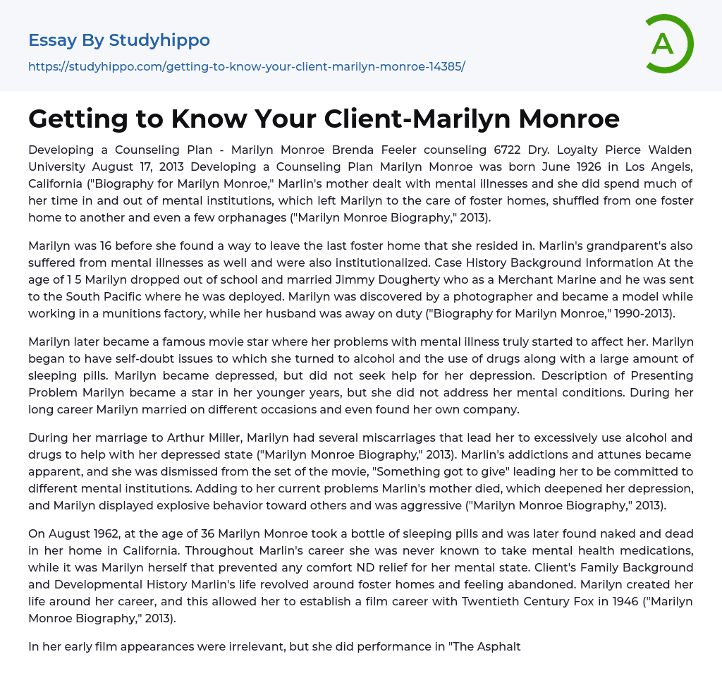 Getting to Know Your Client-Marilyn Monroe Essay Example