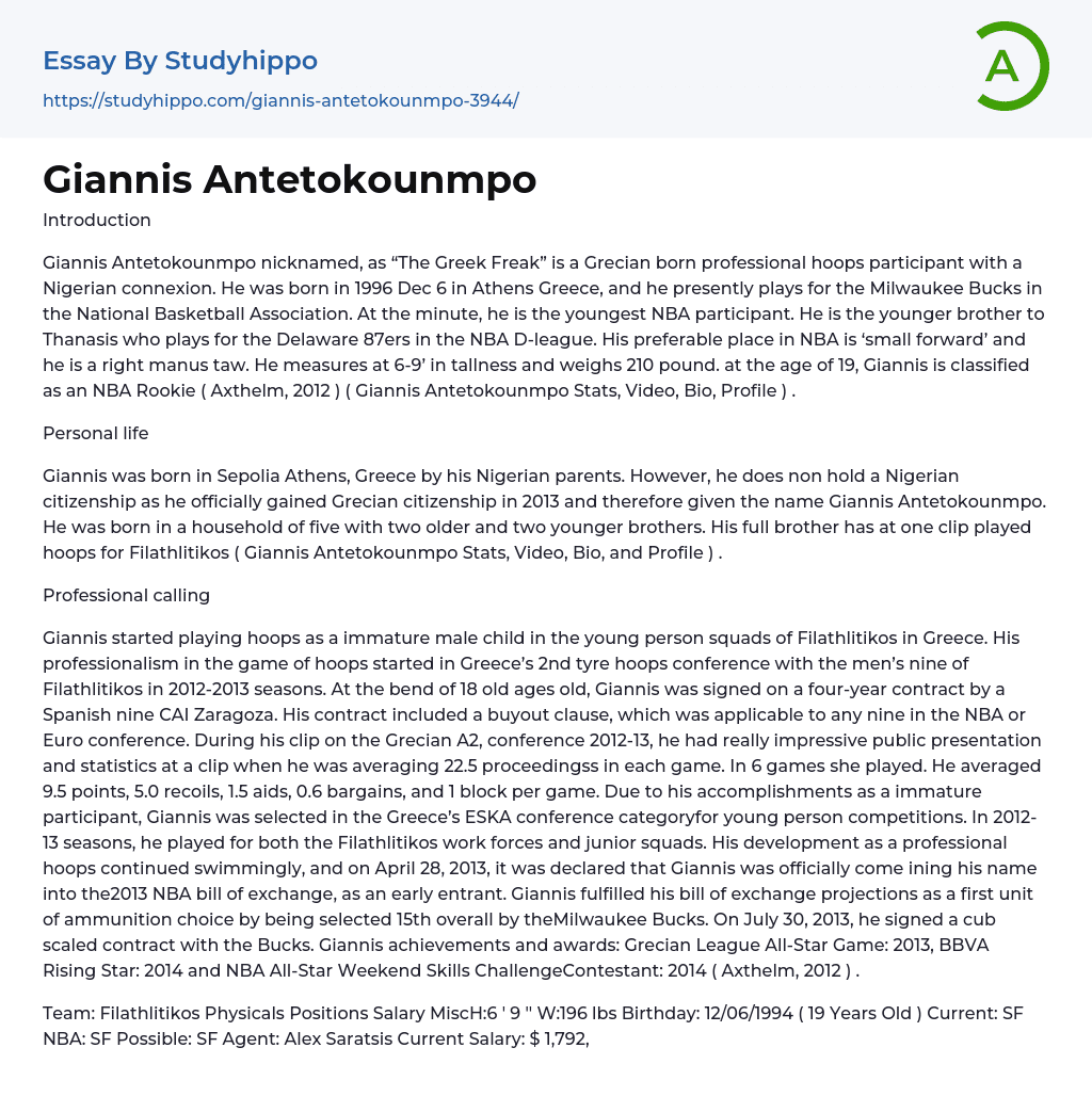Giannis Antetokounmpo Essay Example