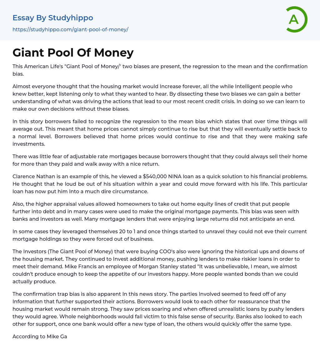 Giant Pool Of Money Essay Example