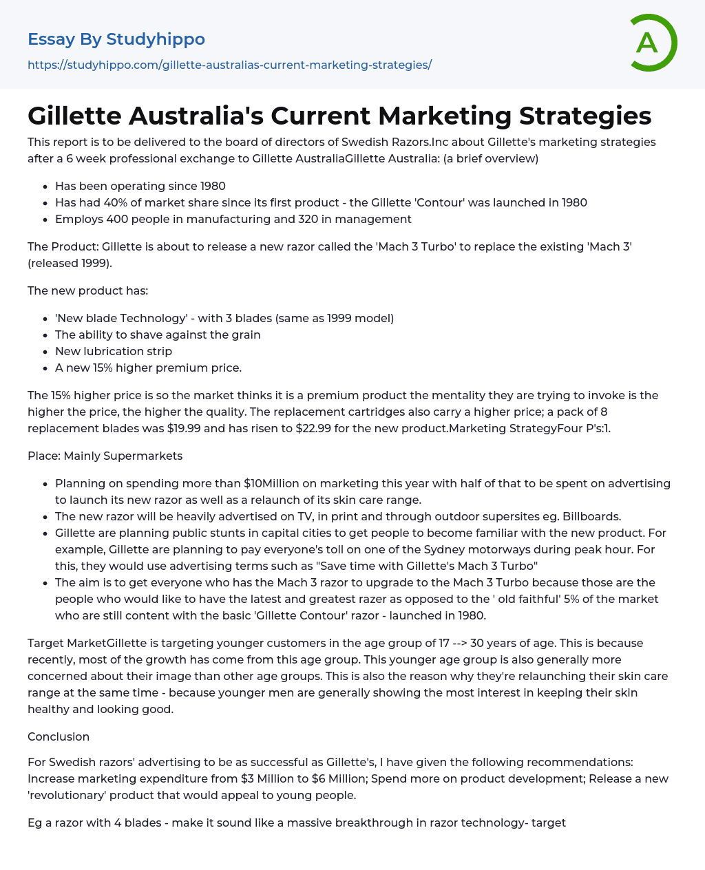 Gillette Australia’s Current Marketing Strategies Essay Example