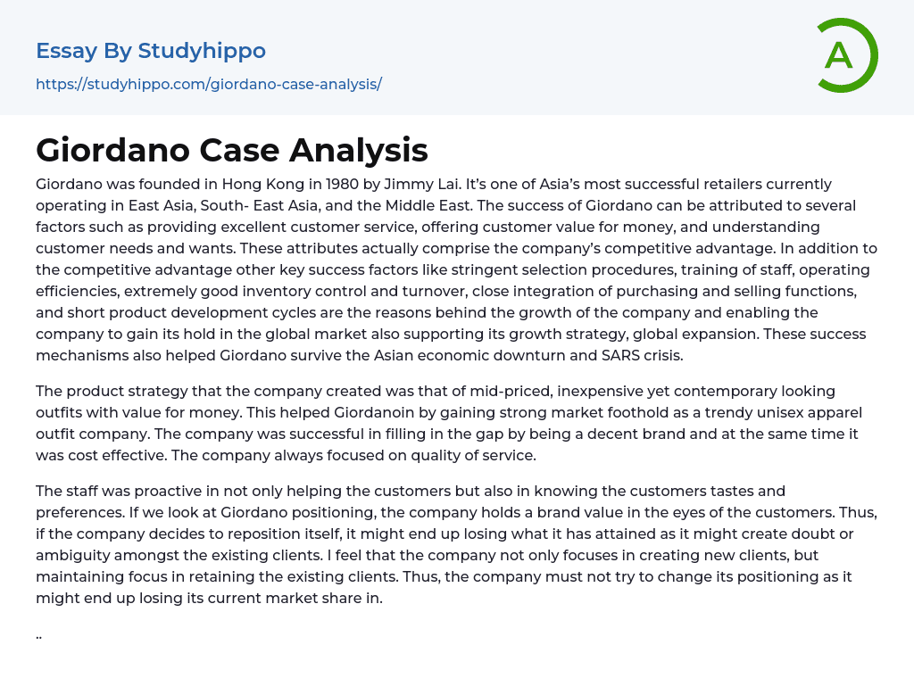 Giordano Case Analysis Essay Example