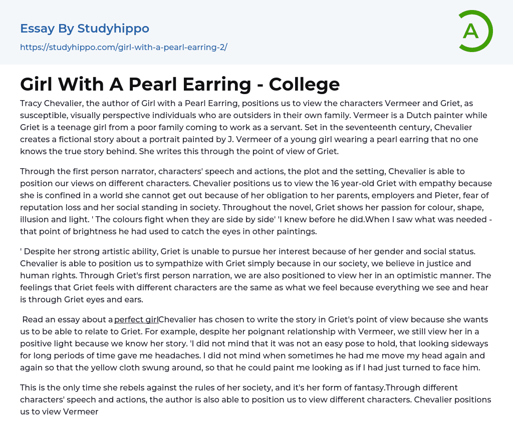 Girl With A Pearl Earring – College Essay Example