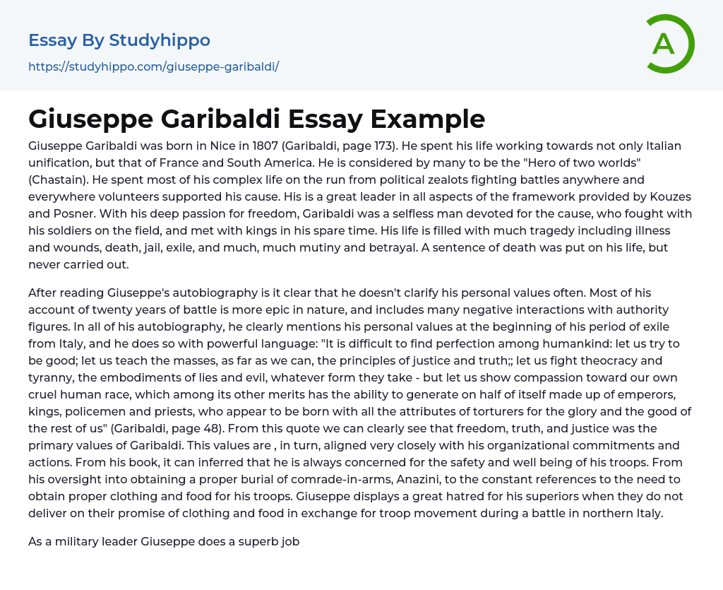 Giuseppe Garibaldi Essay Example