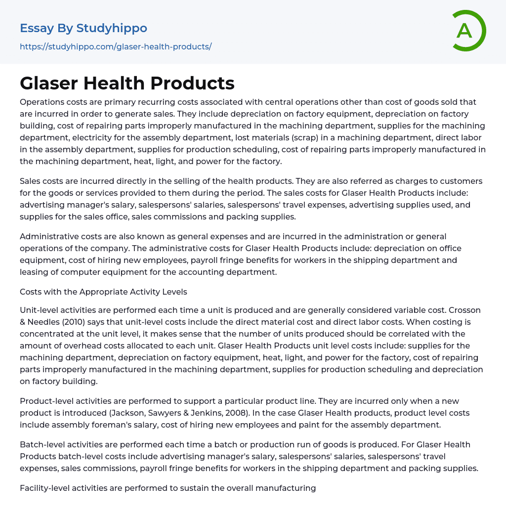 Glaser Health Products Essay Example