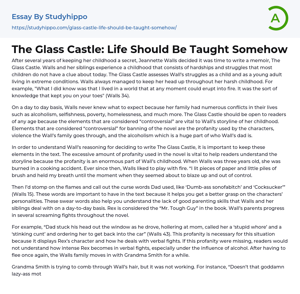 The Glass Castle: Life Should Be Taught Somehow Essay Example