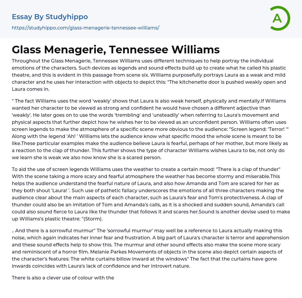 Glass Menagerie, Tennessee Williams Essay Example